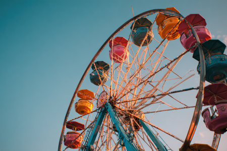 A vibrant Ferris wheel dominates the frame, its colorful cabins contrasting against a clear blue sky. The image showcases the ride's structure with its radial spokes and ascending cabins, highlighting a festive atmosphere. This composition could be used for various projects related to entertainment, leisure, and outdoor activities, and is ideal for stock photography.の素材