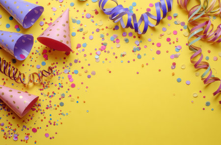 Party hats and curling ribbons are scattered across a vibrant yellow surface. Confetti in various colors adds to the festive atmosphere. The composition features an overhead view with a shallow depth of field, suggesting a celebratory occasion. Suitable for advertising, greeting cards, and event-related media.の素材