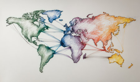 A detailed illustration depicts a world map rendered in vibrant watercolors with connecting lines. The artwork showcases a diversity of colors and textures, suggesting a creative and conceptual approach. The composition, set against a neutral background, could be employed for a range of commercial applications, particularly in editorial and educational contexts.の素材