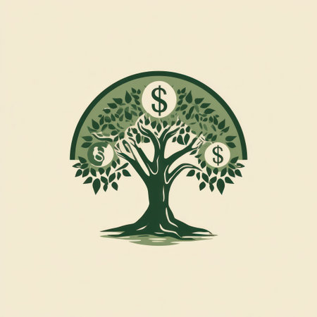 An illustrated money tree stands prominently, adorned with dollar sign symbols where fruit would be. The artwork showcases a stylized tree with green leaves set against a pale background. This imagery uses clean lines and shapes. It may be suitable for financial concepts and business-related visuals.の素材