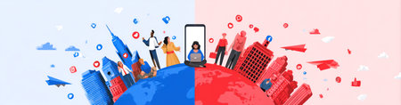 This conceptual illustration showcases a world divided by color with people and objects. The visual characteristics include vibrant blue and red hues, with a clean and modern style. The composition suggests a global setting, emphasizing themes relevant to technology, communication, and connectivity. This image could be used for various commercial or editorial purposes.の素材