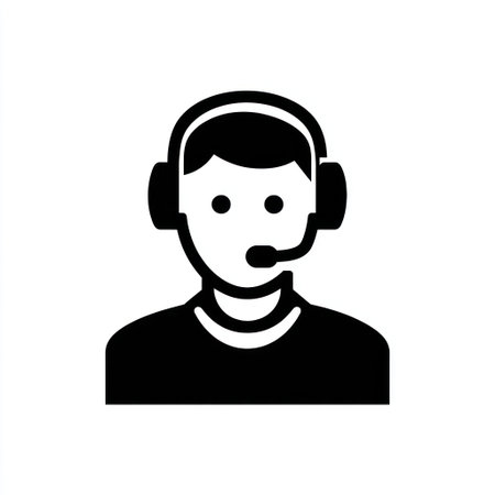 A black and white icon depicts a person wearing a headset. The image showcases a minimalist style with clean lines. It could be useful for representing customer support or communication. It is ideal for various commercial and editorial projects.の素材