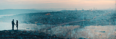 A silhouette of a couple stands holding hands atop a hill, overlooking a cityscape. The image features soft color tones of blue and orange, creating a hazy aesthetic. This scenic composition might be suitable for editorial use, or could be used in various commercial applications.の素材