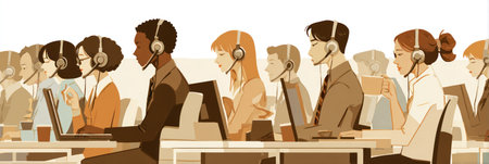 The image features a group of people, each wearing headsets and working on laptops, possibly in a customer service or support environment. The style is illustrated, with a muted color palette. The composition suggests an indoor office setting. This image may be suitable for illustrating topics related to communication or business.の素材