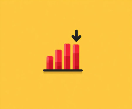 This image presents a simplified data signal icon depicting a downward trend. The graphic uses a vibrant red color for the bars and a black arrow, set against a bright yellow backdrop. The style is flat, and the composition is centered, conveying a clear and concise visual message. It can be useful for various commercial and editorial purposes.の素材