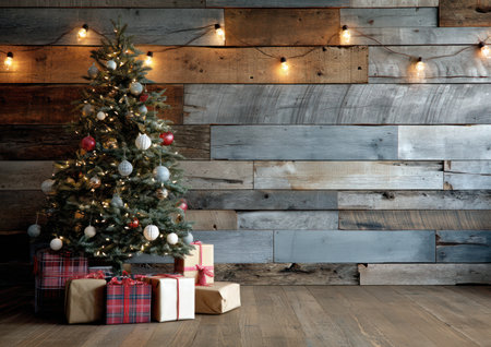 A decorated Christmas tree is placed in front of a rustic wooden wall with string lights. Several wrapped presents are at the base of the tree. The scene uses warm lighting and a cozy aesthetic. This image would be suitable for holiday-themed marketing or editorial purposes.の素材