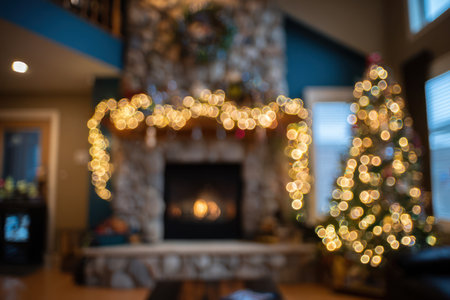 An interior scene features a Christmas tree illuminated with twinkling lights and a fireplace adorned with a garland. The composition utilizes a blurred effect, emphasizing the warm, golden tones of the lights. The scene suggests a cozy, indoor setting, suitable for various holiday-themed projects and commercial applications.の素材