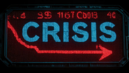 A close-up view presents a digital display emphasizing the word CRISIS. Red and blue hues dominate the screen, accompanied by numerical data and a downward trending line. The image evokes a sense of urgency, potentially related to financial data. This visual is suitable for various commercial uses related to finance or news.の素材