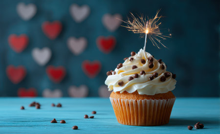 A close-up captures a cupcake topped with white frosting and chocolate chips, illuminated by a sparkler. The scene features a shallow depth of field, with a background of red and white hearts. The lighting suggests an indoor setting, suitable for various celebratory themes and commercial purposes.の素材