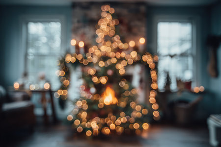 An out-of-focus image shows a decorated Christmas tree as the focal point. Bright yellow lights adorn the tree against a dark background. The indoor setting includes windows and ambient lighting. This image could be used for festive greeting cards and holiday-themed commercial applications.の素材
