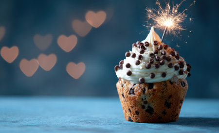 A close-up captures a cupcake adorned with white frosting and chocolate chips, topped with a sparkling firework. The warm tones of the baked treat contrast with a cool blue backdrop featuring out-of-focus heart shapes. This image might be suitable for celebratory themes, desserts, or party concepts.の素材