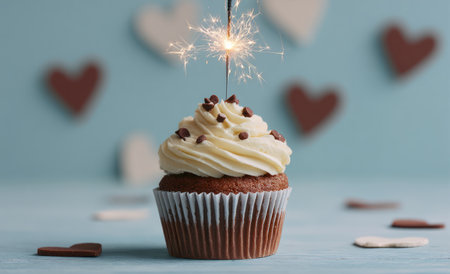 A close-up shot presents a cupcake topped with white frosting and chocolate chips. A lit sparkler adds a festive touch. The background features blurred heart shapes, with various tones of brown and white against a light blue backdrop. The image could be used for celebrations or festive designs.の素材