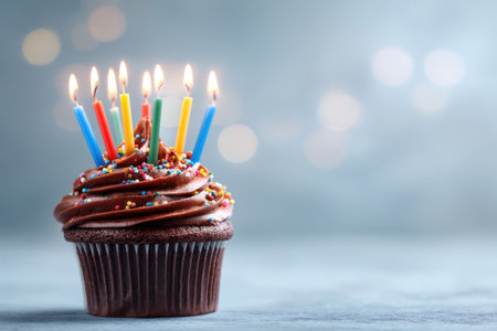 A close-up showcases a chocolate cupcake with rich frosting and vibrant candles. The dessert is placed against a softly blurred backdrop with subtle bokeh. The scene is illuminated by the candle flames. Suitable for celebratory events and can be used for promotional material.の素材