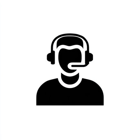 This image presents a simplified illustration of a customer service representative, rendered in a minimalist black and white style. The design emphasizes the person wearing a headset with a microphone. It features a clean composition and a studio-like setting, offering potential use in various communication and assistance-related visual materials.の素材