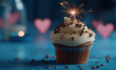 A close-up captures a cupcake adorned with creamy frosting and chocolate sprinkles. A sparkling firework tops the sweet treat against a backdrop of soft hearts. The scene uses cool blue tones with blurred effects creating a festive and inviting atmosphere. Ideal for culinary, celebratory, or promotional content.の素材