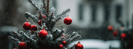 A close-up captures a decorated Christmas tree laden with red ornaments. The evergreen branches are dusted with snow, creating a wintery aesthetic. The composition features a shallow depth of field, with soft lighting enhancing the festive atmosphere. This image is suitable for holiday-themed marketing or editorial purposes.の素材