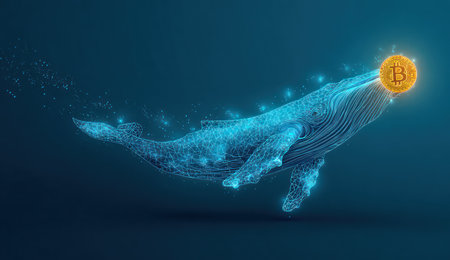 A digital illustration depicts a whale rendered in blue lines, seemingly swimming through a dark blue environment. The whale has glowing details and is presented with a gold bitcoin symbol. This image may be suitable for illustrating financial concepts or digital technology. The overall aesthetic is modern and conceptual.の素材