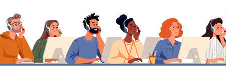 Illustration depicting a diverse group of individuals wearing headsets and working at computers. The style is flat, with simplified forms and bright colors. The composition suggests an office environment, potentially for customer service or technical support. This image is suitable for various commercial and editorial uses.の素材