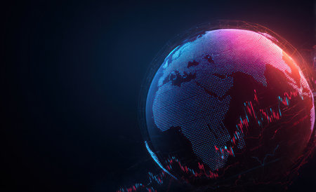 A digital globe, rendered with intricate dot patterns, is illuminated by vibrant blue and red hues. Data visualizations encircle the planet, with a dynamic play of light against a dark backdrop. This imagery could be used for articles, reports, or marketing materials related to global networks.の素材