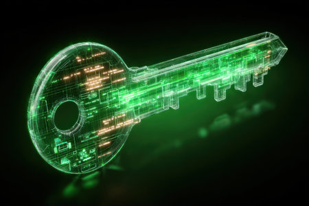 A digital key is depicted, showcasing a network of lines and circuitry, rendered in shades of green and orange. The key glows against a dark background, with a soft reflection underneath. This graphic illustration can be used to represent security, access, and digital concepts within various commercial applications.の素材