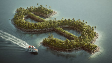 An aerial view presents a dollar sign-shaped island covered in lush green vegetation. A boat navigates the surrounding water. The scene uses a combination of natural and conceptual elements. This image could be used for financial, economic, or investment-related commercial projects.の素材