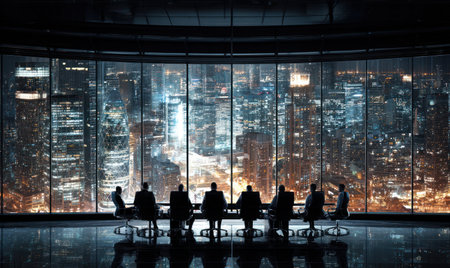 A group of professionals in suits are seen in a conference room with a panoramic view of a city at night. The image showcases silhouettes against a bright backdrop, with cool color tones and a cinematic composition. It suggests themes of business, strategy, and planning, and is suitable for commercial and editorial uses.の素材