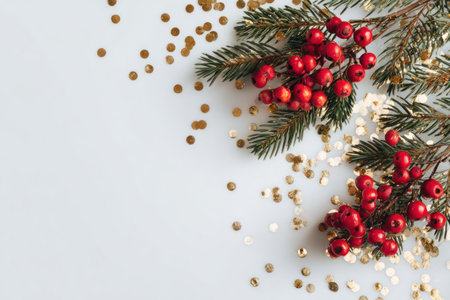 An overhead view displays a festive arrangement. Red berries cluster amongst evergreen branches, complemented by scattered golden confetti on a white background. The composition suggests holiday cheer with warm tones. Suitable for seasonal promotions, greeting cards, or decorative designs.の素材