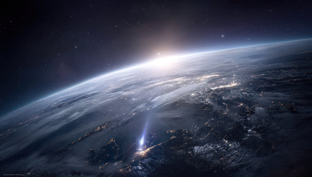 This image showcases the Earth's curvature with a bright sun rising in the distance. The composition highlights the atmosphere and surface details. The lighting creates a sense of depth and scale, which may be suitable for scientific publications or educational materials. The artwork evokes a sense of wonder and the vastness of space.の素材