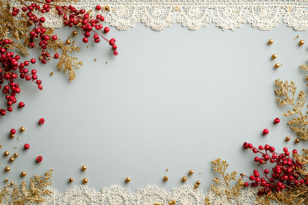 A flat lay image features a gray surface adorned with red berries and delicate lace trim. Scattered golden beads add visual interest. Warm lighting highlights the textures and details. The composition may be suitable for backgrounds, invitations, or designs in a holiday or botanical style.の素材