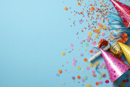 A top-down composition displays colorful party hats and scattered confetti against a bright blue backdrop. The image features a variety of shapes and hues, creating a lively and joyful atmosphere. The photograph uses overhead lighting, offering plenty of copy space for creative layouts. Suitable for various celebratory or promotional uses.の素材