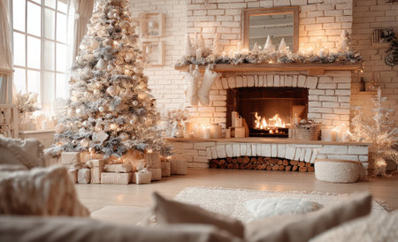 An inviting Christmas scene displays a decorated tree and a lit fireplace in a warm interior. Soft lighting illuminates the room with neutral tones, suggesting a comfortable environment. This imagery is suitable for holiday-themed commercial and editorial projects.の素材