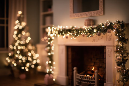 A cozy indoor scene showcases a decorated fireplace mantel with a festive garland of lights and a Christmas tree. The soft glow of the lights and warm tones suggest a comfortable holiday atmosphere. This image could be used for various projects related to seasonal celebrations and home decor.の素材
