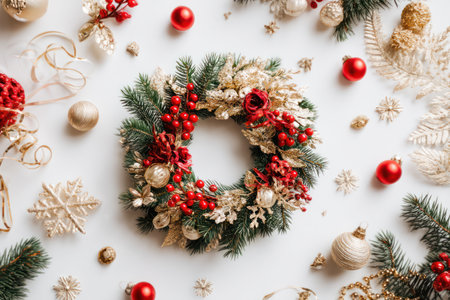A top-down composition presents a vibrant Christmas wreath adorned with red berries and golden decorations. The wreath is centrally positioned on a white backdrop, complemented by scattered ornaments and evergreen branches. The design evokes a cheerful, holiday ambiance suitable for various festive design projects.の素材