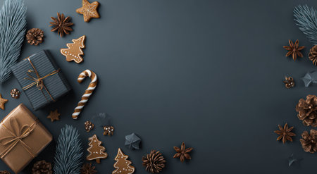 An overhead shot showcases Christmas decorations including gifts, gingerbread cookies, and pine cones, arranged on a dark backdrop. The composition features a mix of textures and colors, with emphasis on the details of the objects. Suitable for various festive and celebratory visual projects, offering copy space.の素材