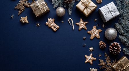 An overhead shot showcases an assortment of Christmas decorations, including wrapped gifts, ornaments, and gingerbread cookies. The composition is set against a dark blue backdrop, with elements of gold and silver. This image could be suitable for various commercial purposes, advertising, or celebratory content.の素材