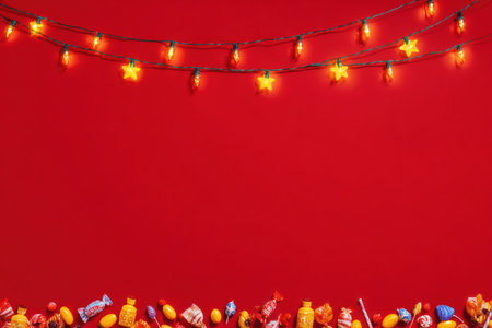 A vibrant red backdrop is adorned with a decorative string of lights, including star-shaped bulbs. Below, a colorful assortment of candies lines the bottom edge. This festive composition features bright, warm colors, offering a cheerful and inviting visual, suitable for various holiday or celebratory themes and projects.の素材