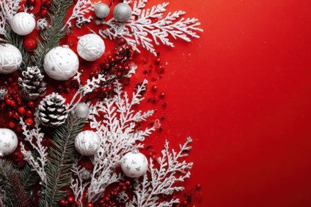 An overhead shot reveals holiday decorations on a rich red surface. White ornaments, pine cones, and red berries are arranged with frosted branches. The composition utilizes copy space. Suitable for holiday cards, advertising, and festive themed commercial projects.の素材