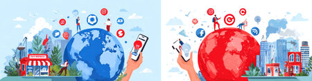 This illustration depicts a global marketing concept. It features people, smartphones, and stylized world globes. The composition utilizes a vibrant color palette, including blue and red, against a white background. The graphics suggest commercial applications such as digital marketing or business communication.の素材