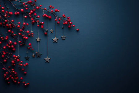 An image presents a dark blue background adorned with red berries and suspended golden stars. The composition showcases branches with bright red berries, contrasted against the deep blue. This visually appealing arrangement, with its rich colors and textures, offers potential use in various holiday-themed projects or decorative designs.の素材