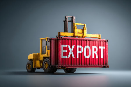 A yellow forklift elevates a red container marked "EXPORT" against a neutral background. The image showcases the machinery's function, highlighting the container's bright color and bold text. The composition, lit with a soft quality, suggests transport and global trade, potentially for various commercial applications.の素材