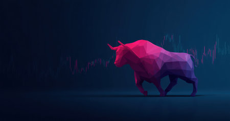 A low poly bull rendered with vibrant pink and blue hues stands against a dark backdrop featuring an abstract stock market graph. The image showcases a modern, digital art style. It features dramatic lighting and copy space, offering potential for financial, business, and investment concepts.の素材