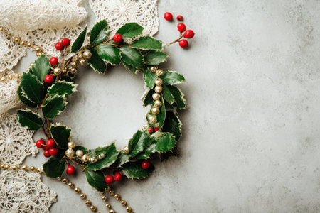 A decorative wreath displays a circular arrangement of green leaves and vibrant red berries. Golden beads are interspersed with the foliage and berries. The arrangement is placed on a textured surface, possibly indoors. The composition could be used for festive, seasonal design projects, or general decorative needs.の素材