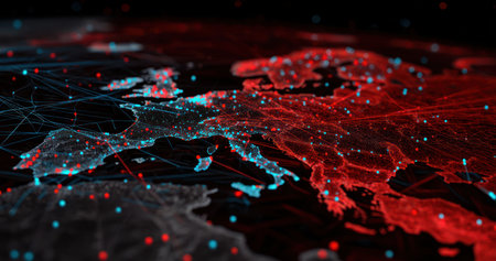 An abstract digital illustration presents a map of Europe with a network of glowing lines and dots. The color palette features shades of red and blue against a dark backdrop. This graphic is likely created digitally, the composition provides a sense of connection and data flow. Suitable for visualizing technological or informational concepts.の素材