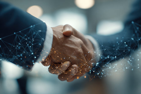 Two people are shaking hands, symbolizing agreement and collaboration. The image displays a close-up view of the hands, with a network of connected dots overlaid, suggesting digital interaction. Soft lighting and a blurred background create a professional atmosphere. Suitable for use in business presentations or editorial content related to technology.の素材