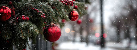Close-up shot shows red ornaments on a fir tree branch with a blurred background of falling snow. The scene exhibits a combination of textures, and colors, including green, red, and white. This image could be used for holiday-themed marketing, editorial, or design projects.の素材