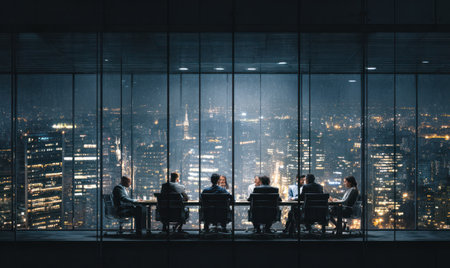 A group of professionals are seated at a conference table, viewed from behind, looking out at a city skyline at night. The scene is dominated by a panoramic window. The image exhibits a cool color palette with soft lighting, suggesting an upscale setting suitable for commercial projects. The composition and framing are ideal for business or technology related themes.の素材