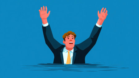 An illustration depicts a businessman submerged in water, his arms raised in a gesture of distress. The artwork utilizes a simplified style with a limited color palette featuring blues and orange hues. The scene suggests a situation of crisis or struggle, suitable for various business or editorial applications.の素材