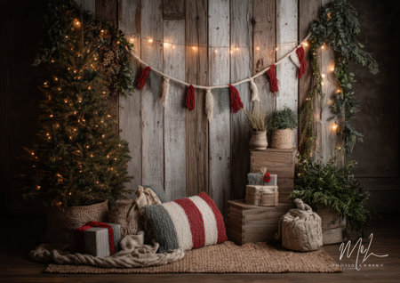 This festive image depicts holiday decorations including a Christmas tree, garlands and gifts on wooden planks. The composition features warm lighting, various textures, and a cozy atmosphere. Suitable for use in a variety of commercial and editorial projects.の素材