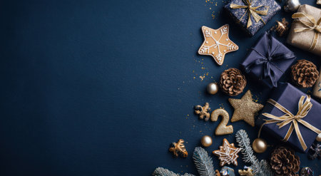 An overhead shot showcases an array of holiday gifts and decorations. Presents wrapped in various colors with golden bows lay alongside star-shaped cookies, pinecones, and ornaments. The scene is set on a deep blue surface, with a classic composition, creating a celebratory atmosphere suitable for commercial and editorial purposes.の素材