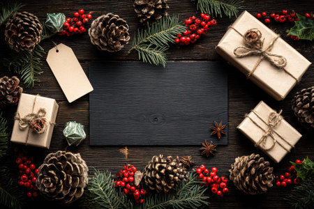An overhead shot features a festive arrangement of gifts, pine cones, and red berries. Presented on a dark wooden surface, the composition highlights holiday elements. The aesthetic suggests seasonal celebrations, perfect for commercial projects or editorial content needing a touch of festivity.の素材